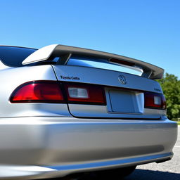 A rear view of a 1997 Toyota Corolla AE101, featuring a stylish ducktail spoiler that rises just above the rear lights, enhancing the sporty look of the vehicle