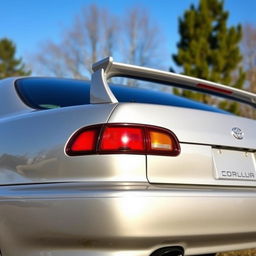 A rear view of a 1997 Toyota Corolla AE101, featuring a stylish ducktail spoiler that rises just above the rear lights, enhancing the sporty look of the vehicle