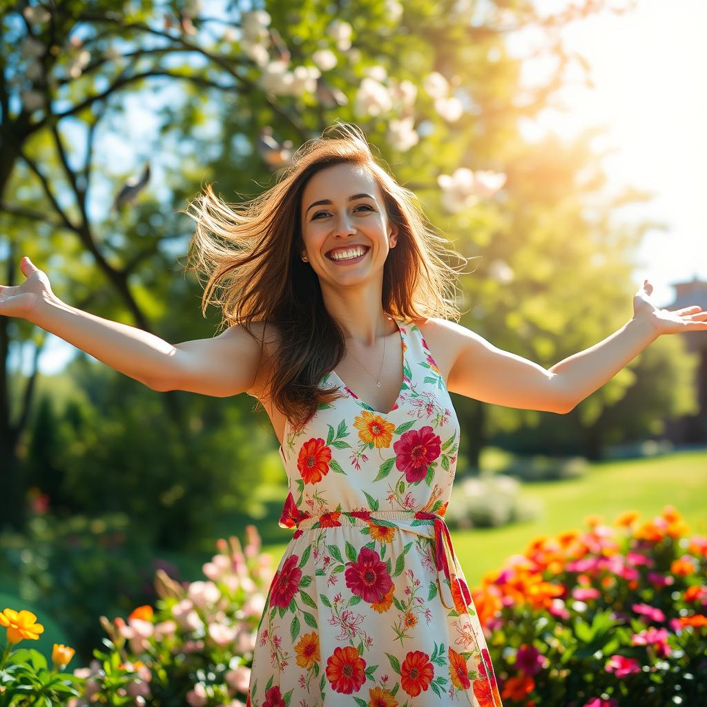 A joyful woman standing in a sunlit park, surrounded by blooming flowers and vibrant greenery