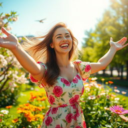 A joyful woman standing in a sunlit park, surrounded by blooming flowers and vibrant greenery