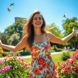 A joyful woman standing in a sunlit park, surrounded by blooming flowers and vibrant greenery