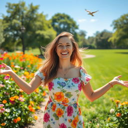 A joyful woman standing in a sunlit park, surrounded by blooming flowers and vibrant greenery