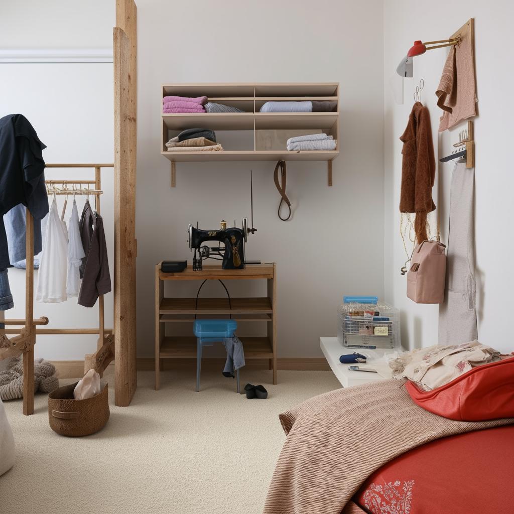 Create an organized room design featuring a comfortable mattress, a shoe rack, a television stand, a clothing box, a sewing machine, and a mini drawer, all balanced aesthetically in the space.