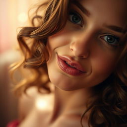 A close-up, artistic portrayal of a woman in a sensual moment, with a soft focus on her lips and a playful expression