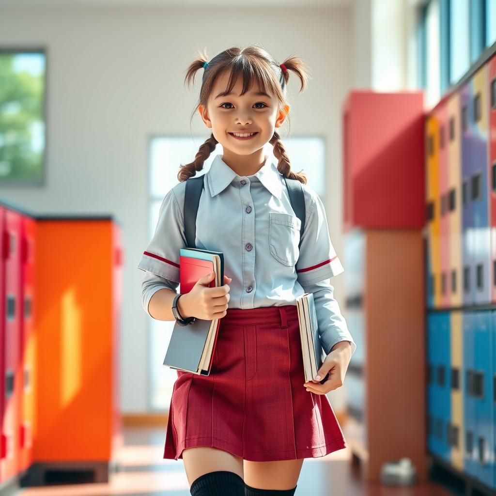 A stylish and confident schoolgirl with a playful expression, wearing a fitted school uniform that includes a short skirt and a crisp button-up shirt