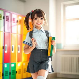 A stylish and confident schoolgirl with a playful expression, wearing a fitted school uniform that includes a short skirt and a crisp button-up shirt