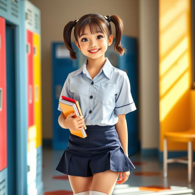 A stylish and confident schoolgirl with a playful expression, wearing a fitted school uniform that includes a short skirt and a crisp button-up shirt