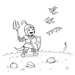 A whimsical and cute scene depicting a joyful knight in shiny armor playfully battling a friendly dragon