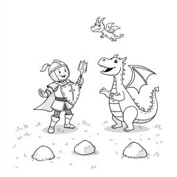 A whimsical and cute scene depicting a joyful knight in shiny armor playfully battling a friendly dragon