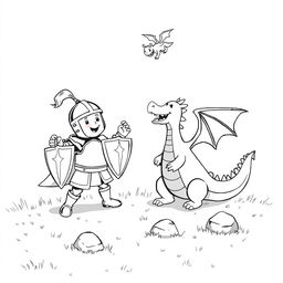 A whimsical and cute scene depicting a joyful knight in shiny armor playfully battling a friendly dragon