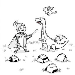 A whimsical and cute scene depicting a joyful knight in shiny armor playfully battling a friendly dragon