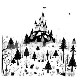 A whimsical and cute illustration of an enchanted forest filled with charming trees and magical elements, enveloped in a soft, swirling fog