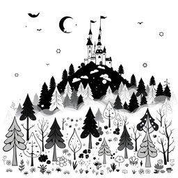A whimsical and cute illustration of an enchanted forest filled with charming trees and magical elements, enveloped in a soft, swirling fog