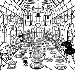 A whimsical and cute illustration of a lively banquet scene in a medieval castle