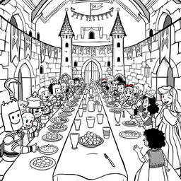 A whimsical and cute illustration of a lively banquet scene in a medieval castle