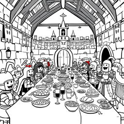 A whimsical and cute illustration of a lively banquet scene in a medieval castle