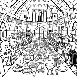 A whimsical and cute illustration of a lively banquet scene in a medieval castle