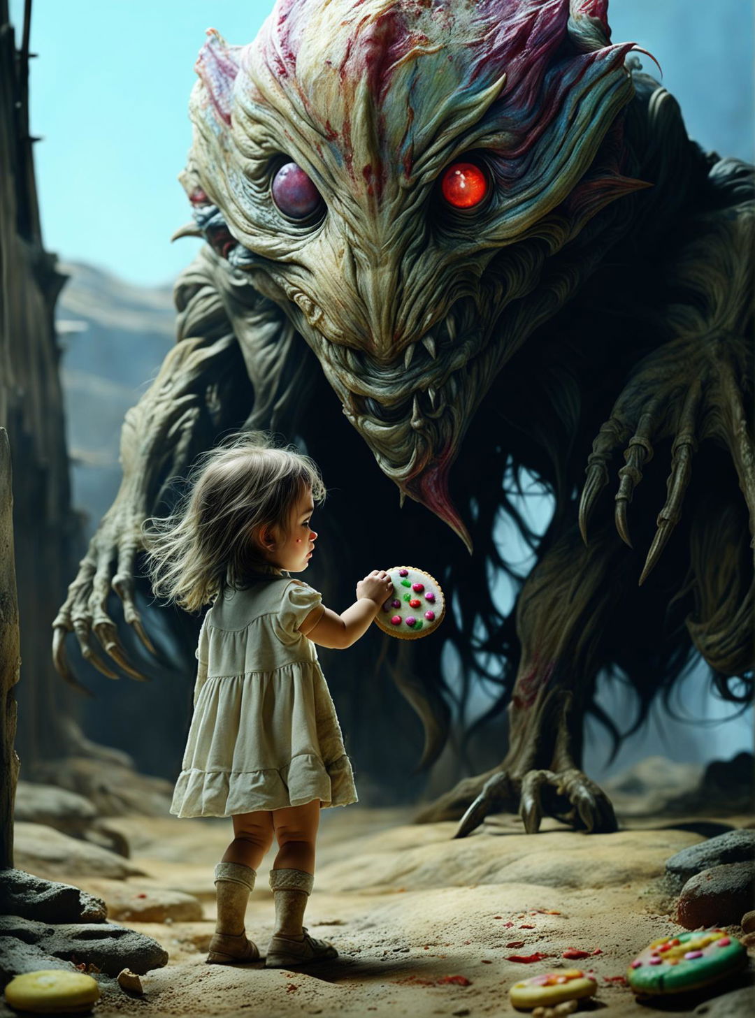 A high-quality digital art piece where a small, innocent girl offers a homemade cookie to the terrifying entity