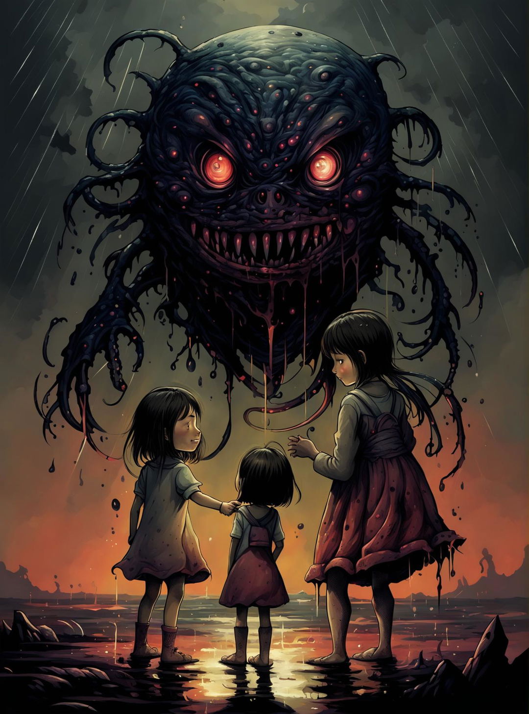 The digital art piece evolves, showing the monstrous entity responding positively to the small girl's kindness