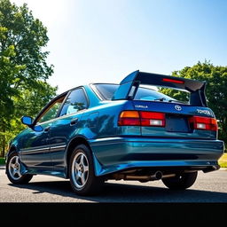 A stunning rear view of a 1995 Toyota Corolla AE101, showcasing its classic lines and stylish ducktail spoiler