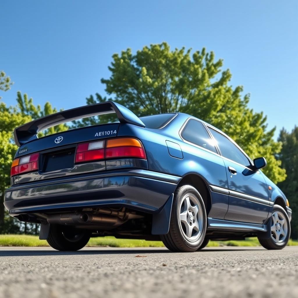 A stunning rear view of a 1995 Toyota Corolla AE101, showcasing its classic lines and stylish ducktail spoiler