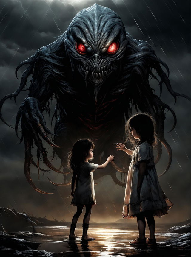 A high-quality digital art piece depicting a small girl petting the nose of a once terrifying entity, causing it to radiate calmness and contentment