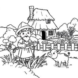 A delightful and cute illustration of a medieval peasant happily working in the fields