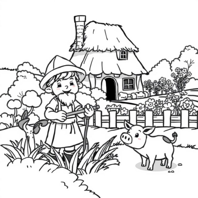 A delightful and cute illustration of a medieval peasant happily working in the fields