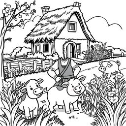 A delightful and cute illustration of a medieval peasant happily working in the fields