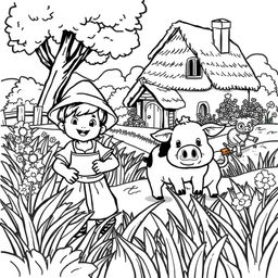 A delightful and cute illustration of a medieval peasant happily working in the fields