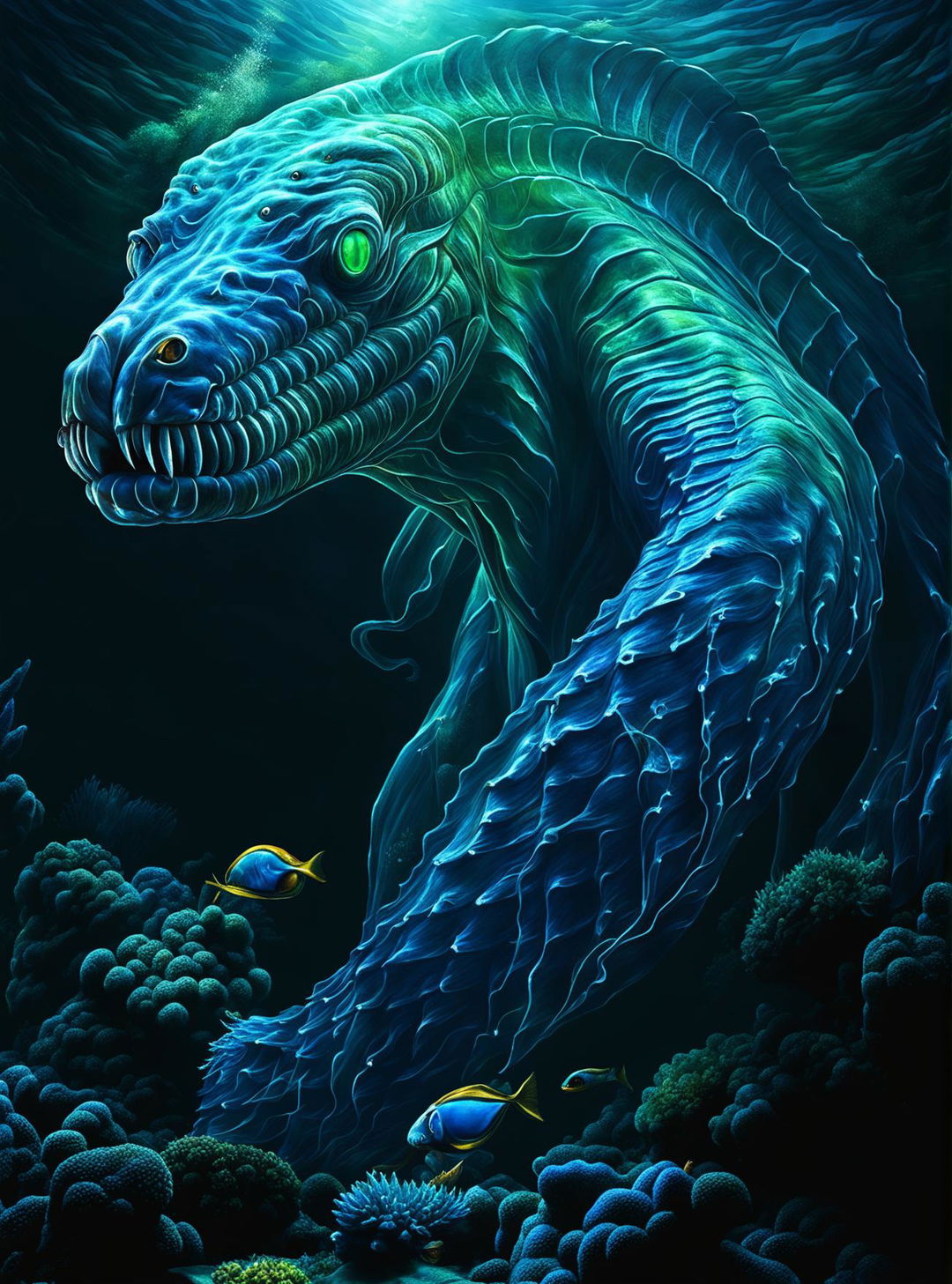 This digital art image depicts a colossal leviathan as a sea serpent, its body coiling through the ocean depths