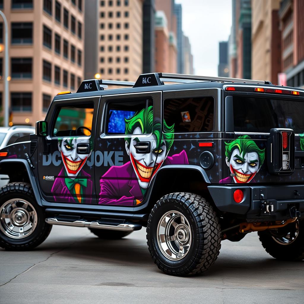 A customized Hummer H2 with vibrant, eye-catching designs featuring the Joker character from DC Comics on the doors