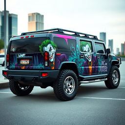A customized Hummer H2 with vibrant, eye-catching designs featuring the Joker character from DC Comics on the doors