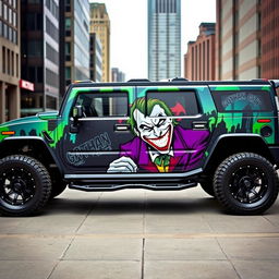 A customized Hummer H2 with vibrant, eye-catching designs featuring the Joker character from DC Comics on the doors