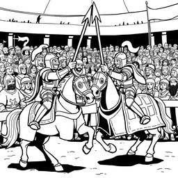 A vibrant and exciting illustration of a medieval joust featuring two knights in a fierce competition on horseback