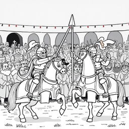 A vibrant and exciting illustration of a medieval joust featuring two knights in a fierce competition on horseback