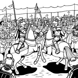 A vibrant and exciting illustration of a medieval joust featuring two knights in a fierce competition on horseback