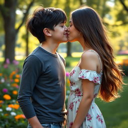 A romantic scene capturing a kiss between a 5 feet 9 inch boy and a 5 feet 3 inch girl