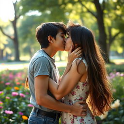 A romantic scene capturing a kiss between a 5 feet 9 inch boy and a 5 feet 3 inch girl