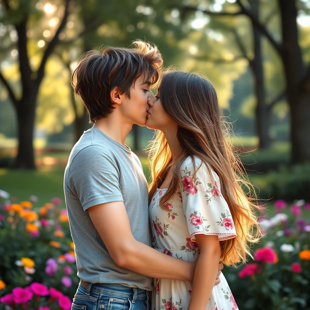 A romantic scene capturing a kiss between a 5 feet 9 inch boy and a 5 feet 3 inch girl