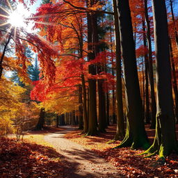 A picturesque autumn forest, vibrant with colors of red, orange, and yellow leaves cascading from trees