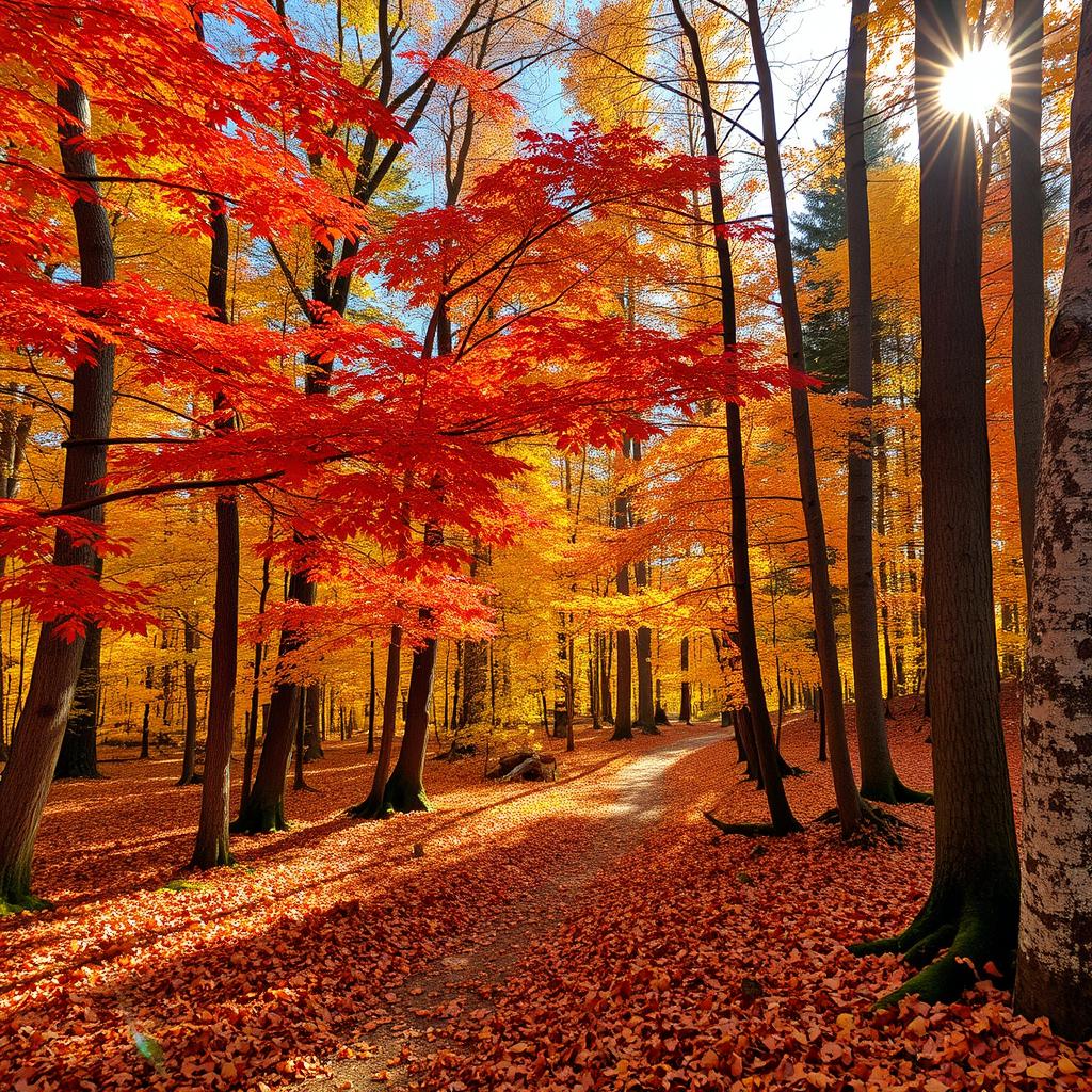 A picturesque autumn forest, vibrant with colors of red, orange, and yellow leaves cascading from trees