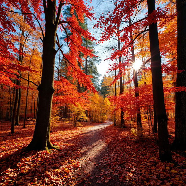 A picturesque autumn forest, vibrant with colors of red, orange, and yellow leaves cascading from trees