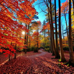 A picturesque autumn forest, vibrant with colors of red, orange, and yellow leaves cascading from trees