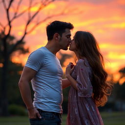 A romantic scene depicting a tender kiss between a 5 feet 9 inches tall man and a 5 feet 3 inches tall girl