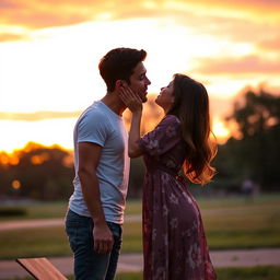 A romantic scene depicting a tender kiss between a 5 feet 9 inches tall man and a 5 feet 3 inches tall girl