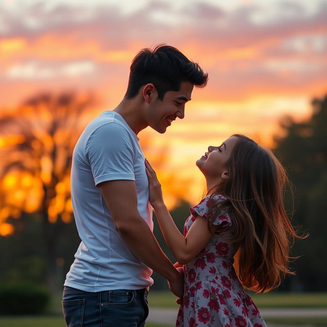 A romantic scene depicting a tender kiss between a 5 feet 9 inches tall man and a 5 feet 3 inches tall girl