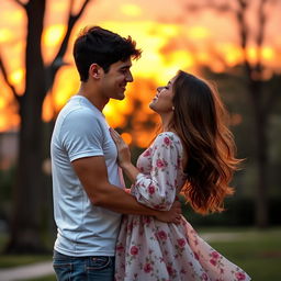 A romantic scene depicting a tender kiss between a 5 feet 9 inches tall man and a 5 feet 3 inches tall girl