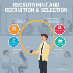 A visually engaging infographic design illustrating the intricate process of recruitment and selection, showcasing various steps like job analysis, sourcing candidates, screening resumes, conducting interviews, and making job offers