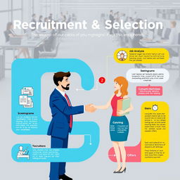 A visually engaging infographic design illustrating the intricate process of recruitment and selection, showcasing various steps like job analysis, sourcing candidates, screening resumes, conducting interviews, and making job offers